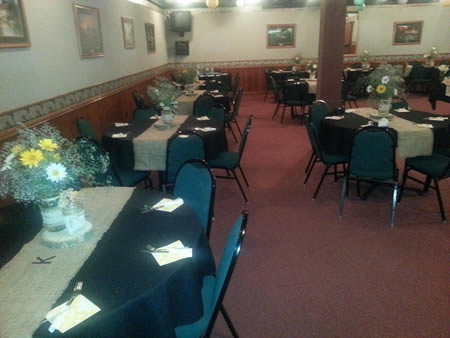 View of dining tables for a function in the banquet room